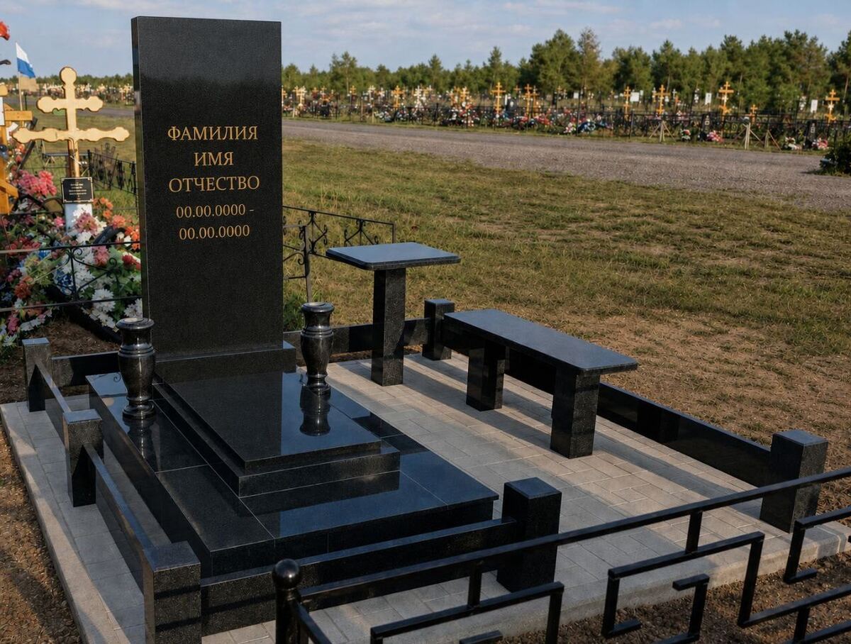 Памятник из черного гранита со скамьей и столиком